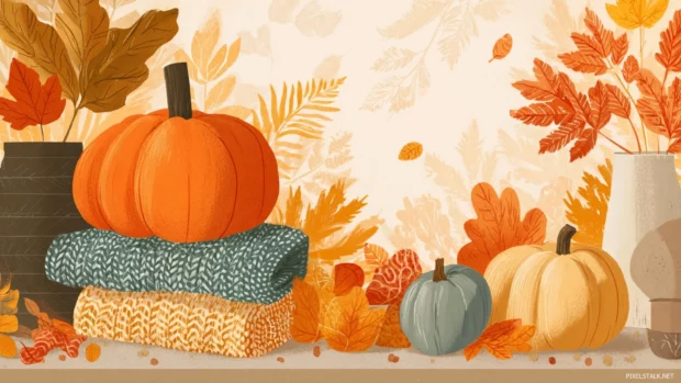 Charming fall aesthetic wallpapers featuring pumpkins and cozy blankets against a backdrop of colorful leaves.