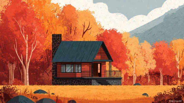 Cozy fall aesthetic wallpapers showcasing a rustic cabin surrounded by vibrant fall foliage.