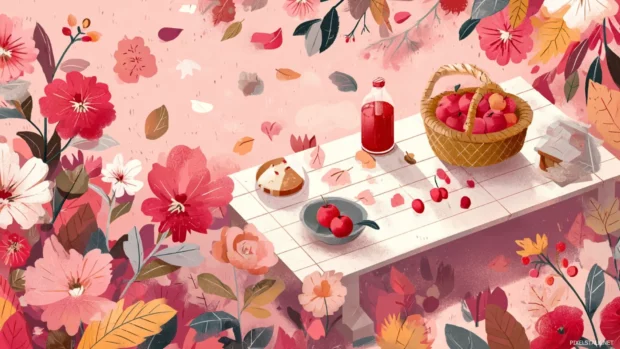 Delightful fall aesthetic desktop wallpapers that reflect a cheerful picnic setup among fall blooms and leaves.