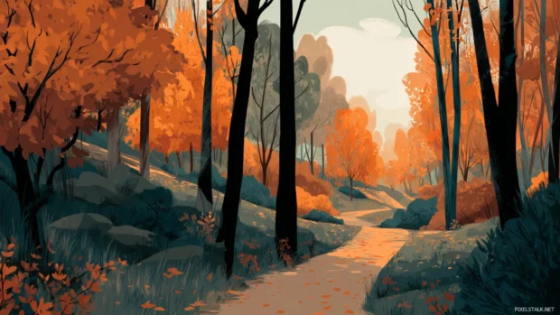 Fall aesthetic backgrounds highlighting a tranquil path winding through an autumn woodland.