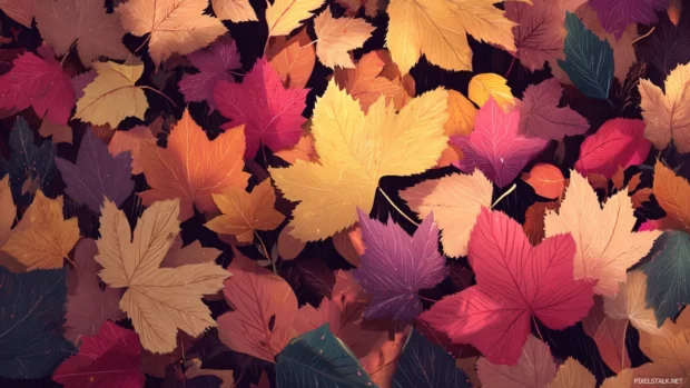 Fall leaves aesthetic wallpapers adorned with a blanket of crisp fallen leaves on a forest floor.