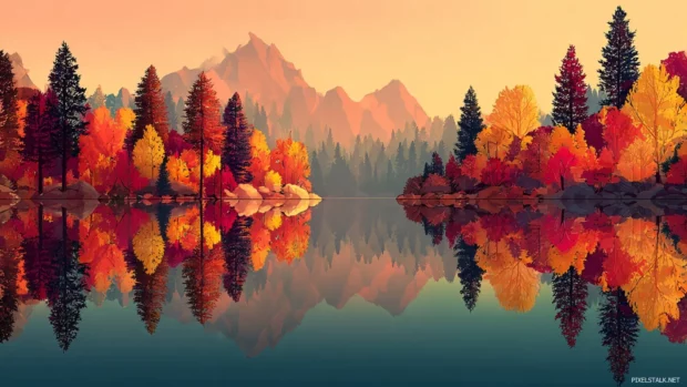 High quality fall aesthetic wallpapers depicting a serene lake reflecting the colorful autumn trees.