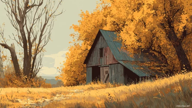 Vintage fall aesthetic wallpapers with a nostalgic view of an old barn hidden among golden leaves.