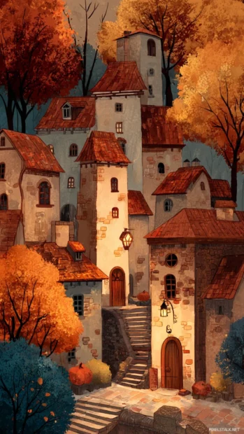 A cozy village during Fall season painted in vintage storybook style with warm tones.
