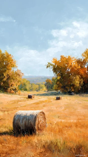 A peaceful Fall countryside scene with hay bales and golden fields in oil painting style.