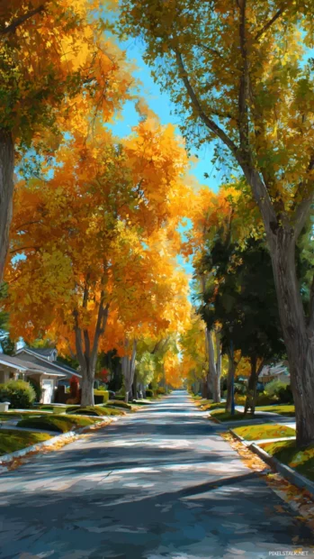 A scenic Fall street lined with trees in realistic photography inspired digital art.