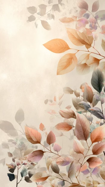 Aesthetic fall background iPhone combining pastel watercolor wash of falling leaves over soft beige canvas.