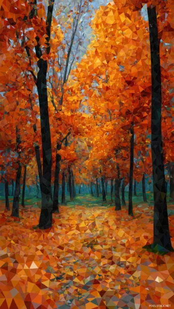 Bright Fall park filled with maple leaves in modern geometric abstract style.