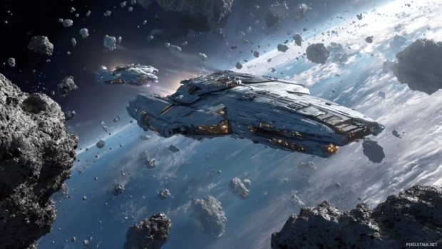 Cool space wallpapers that depict futuristic spacecraft navigating through asteroid fields in a rich, high definition display.