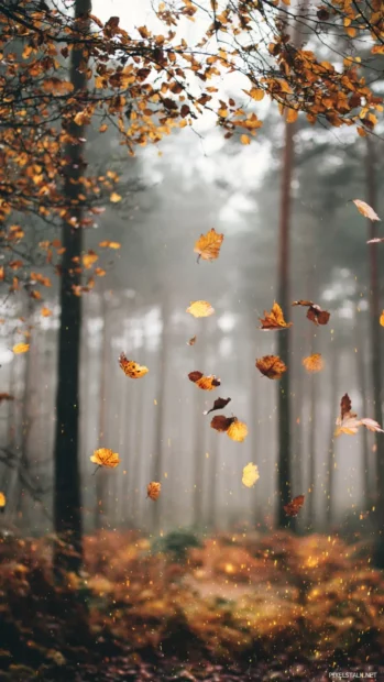 Fall aesthetic wallpapers for iPhone showing pastel foggy woodland with floating amber leaves drifting into golden light.