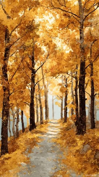 Fall forest pathway with golden leaves, illustrated in watercolor style.