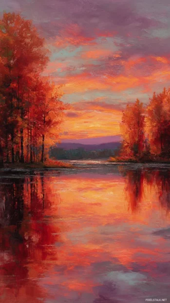 Fall sunset over a quiet lake with reflections of red and orange trees in impressionist style.