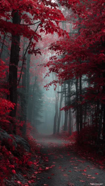 Fall wallpapers for iPhone lock screen capturing moody forest path framed by red maple leaves under soft haze.
