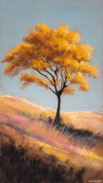 Golden Fall tree standing alone on a hill, drawn in soft pastel sketch style.