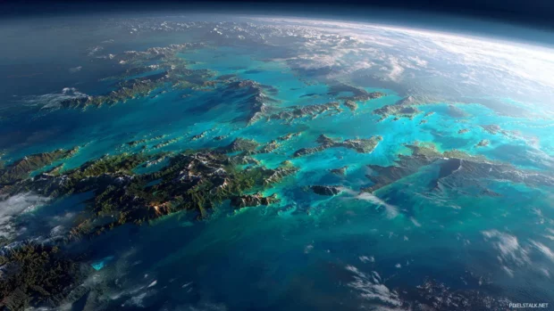 Stunning views of Earth from space, showcasing vibrant blue oceans and lush green landmasses for an immersive desktop wallpaper.