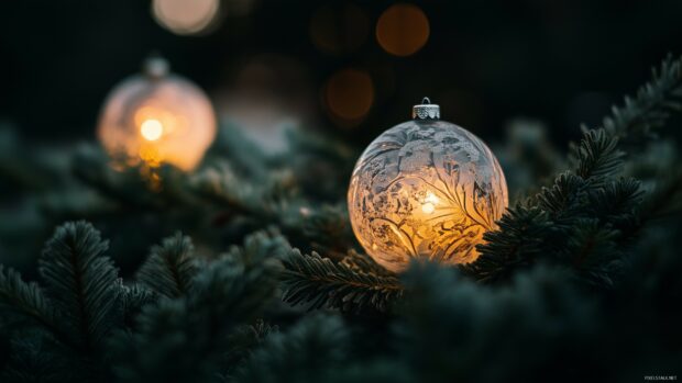 A Christmas ornament glowing softly among pine branches on a dark background