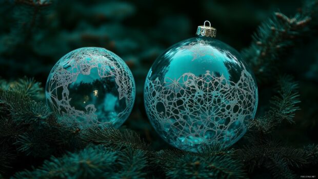 Two Christmas ornament balls with intricate lace patterns on evergreen branches in a dark setting