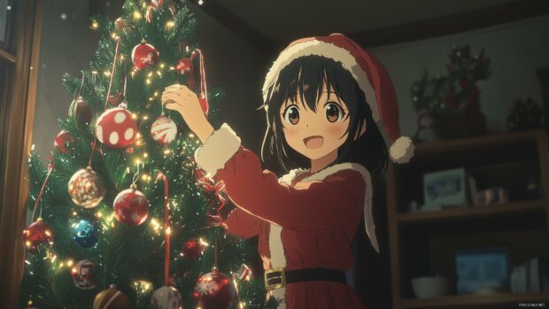 A girl in a Santa outfit decorating a Christmas ornament on a lit tree indoors