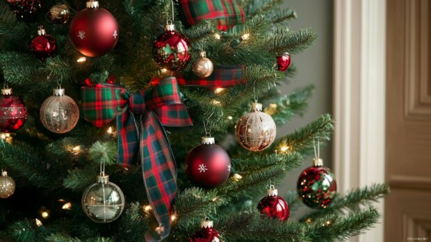 Christmas ornament decorations on a Christmas tree with plaid ribbons and glowing lights