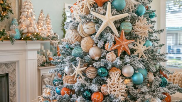 Christmas ornament with starfish and shells decorating a snow covered Christmas tree indoors