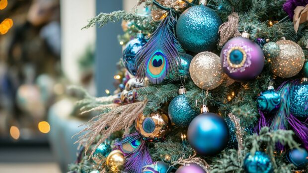 A Christmas ornament decorated tree with blue and gold Christmas ornament balls and peacock feathers hanging on green branches