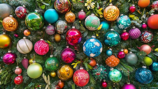 Colorful Christmas ornament with intricate designs hanging on vibrant green pine branches for festive decoration