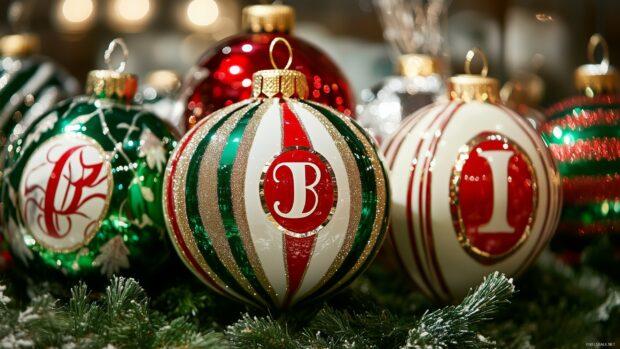 Festive Christmas ornament with red green and gold stripes on a pine branch