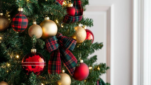 Red and gold Christmas ornaments hanging on a green tree with plaid ribbon decorations