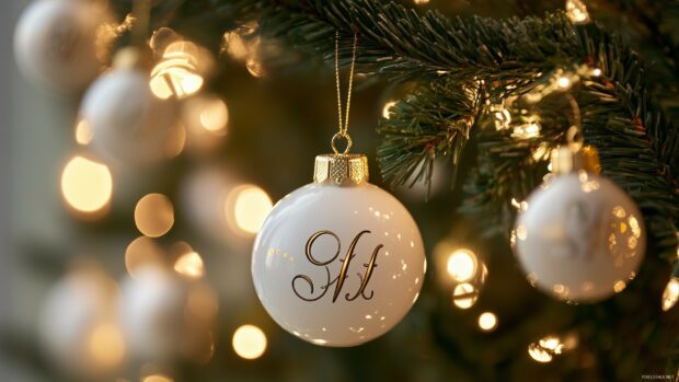 White Christmas ornament hanging on fir tree branch with festive lights in background