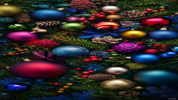 Colorful Christmas ornament decoration with pine cones and festive greenery