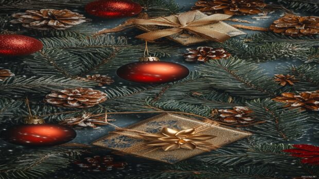 Pine branches with Christmas ornament and golden gift boxes on a festive table arrangement