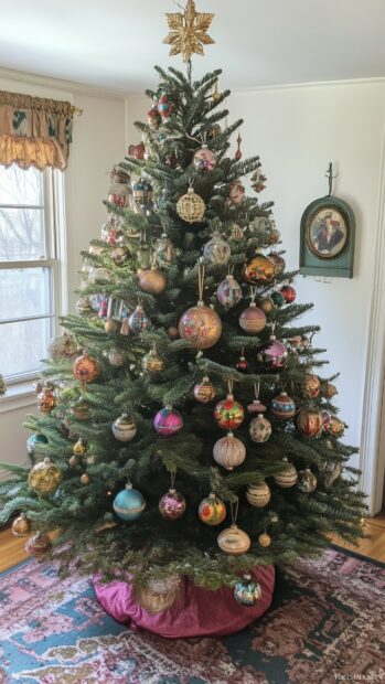 A classic Christmas tree with colorful ornaments in a cozy living room setting