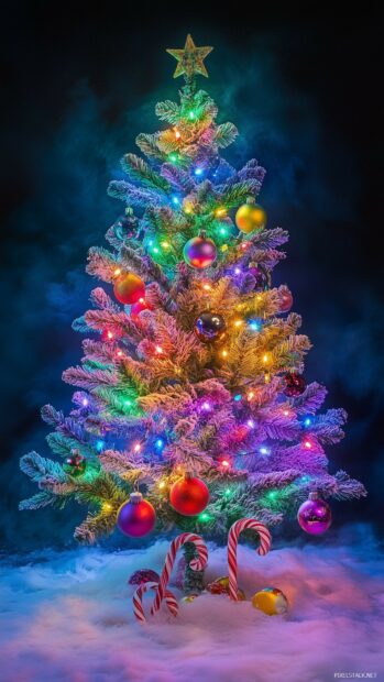 A decorated Christmas tree with colorful lights and candy canes in a snowy setting