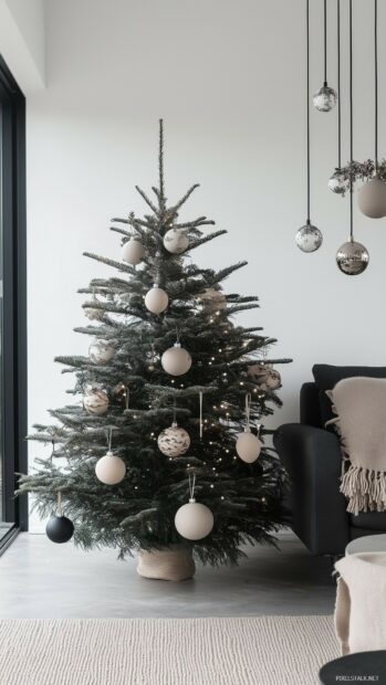 A minimalist Christmas tree decorated with beige and black ornaments in a modern living room setting