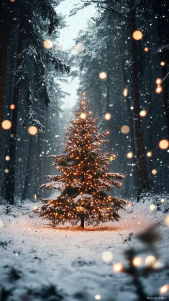 A Christmas tree with glowing lights covered in snow in a snowy forest at dusk