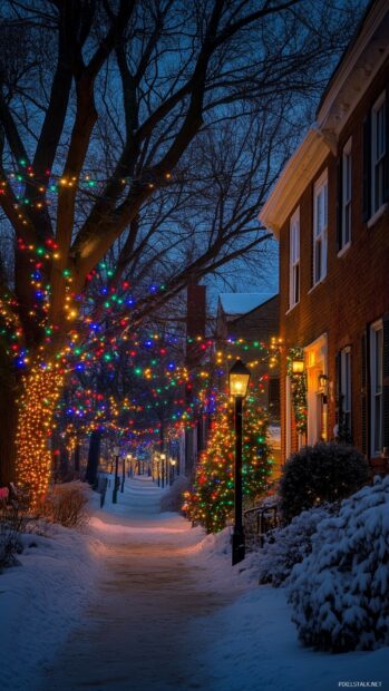 A snowy street decorated with colorful Christmas lights on trees and houses at dusk