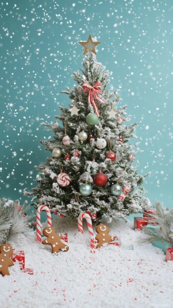 Christmas tree with snow and candy canes surrounded by gingerbread cookies and gifts