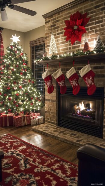 Cozy Christmas tree and fireplace with festive decorations and stockings in a living room