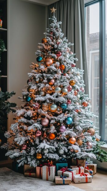 Snowy Christmas tree decorated with colorful baubles and gifts underneath in a cozy room