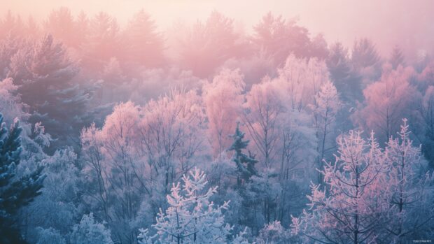 Frosty trees covered in ice crystals during winter sunrise in a serene forest