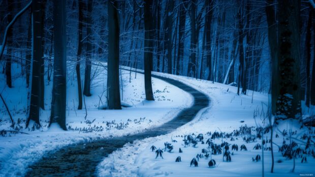 A snowy path through a winter forest with tall trees covered in snow