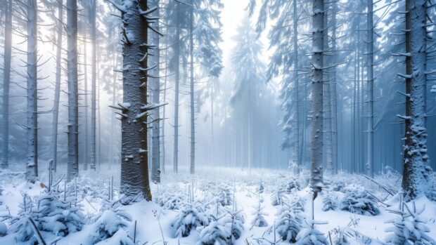 A peaceful winter forest with snow covered trees and frost creating a serene winter scene