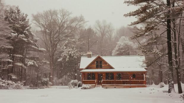 Wooden house in winter forest with snow covered trees and snowflakes falling