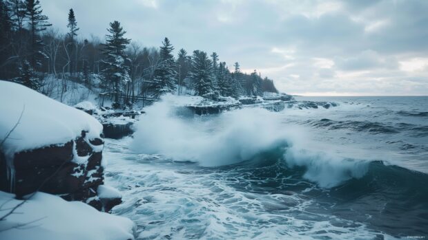 Snow covered rocks and trees by a winter ocean with crashing waves on a cold day