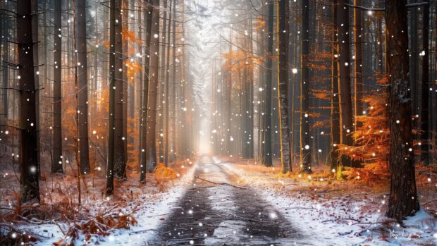 A snowy forest path covered with leaves and snowflakes falling gently through tall trees in winter