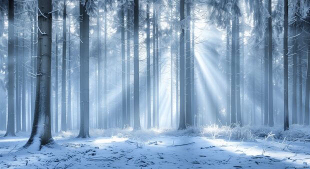 Frosty forest with winter sun rays shining through tall trees in a peaceful winter scene