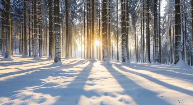 Winter forest scene with sunlight casting long shadows on fresh snow in a peaceful morning
