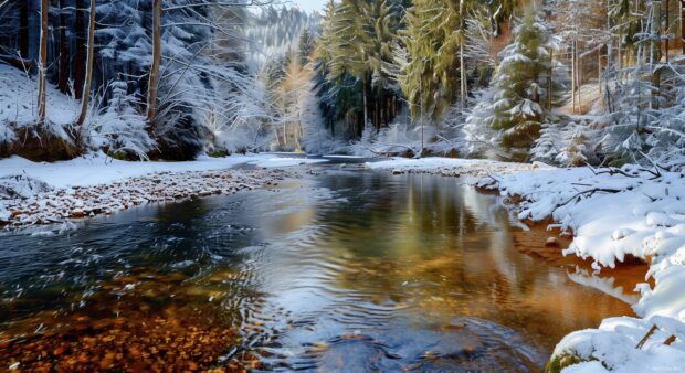Snow covered trees and clear river in a winter forest scene with early morning sunlight
