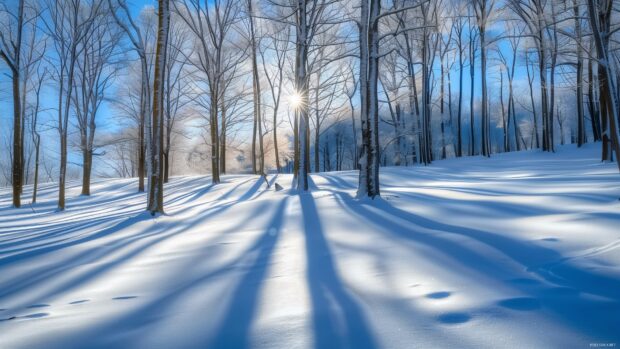 A winter forest scene with snow covered trees and sunlight casting long shadows on the snow covered ground