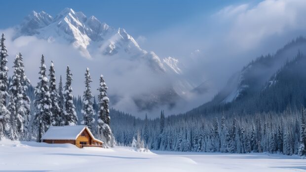 Snow covered pine trees surround a wooden cabin in a winter mountain landscape